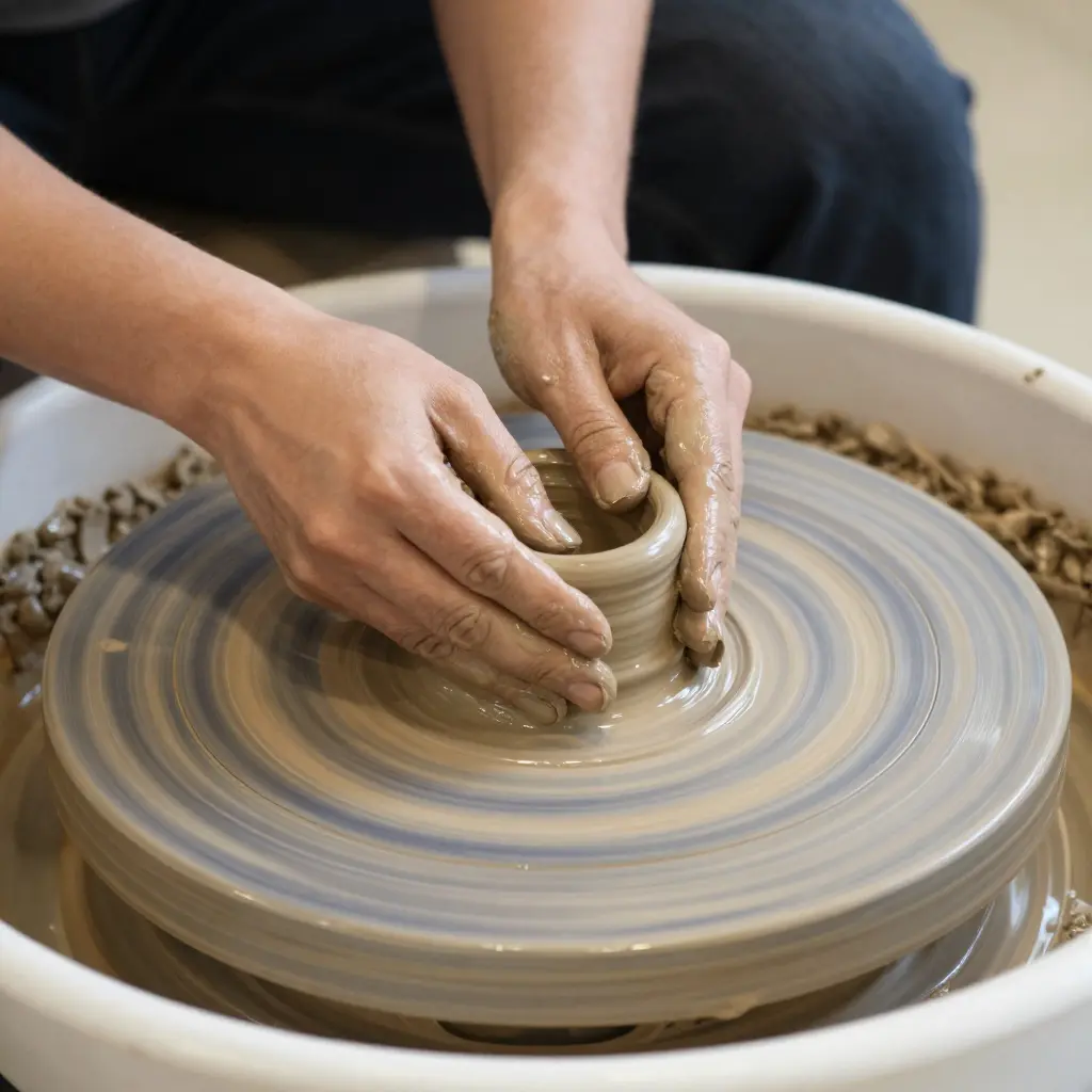 Hands shaping clay on a pottery wheel during a workshop